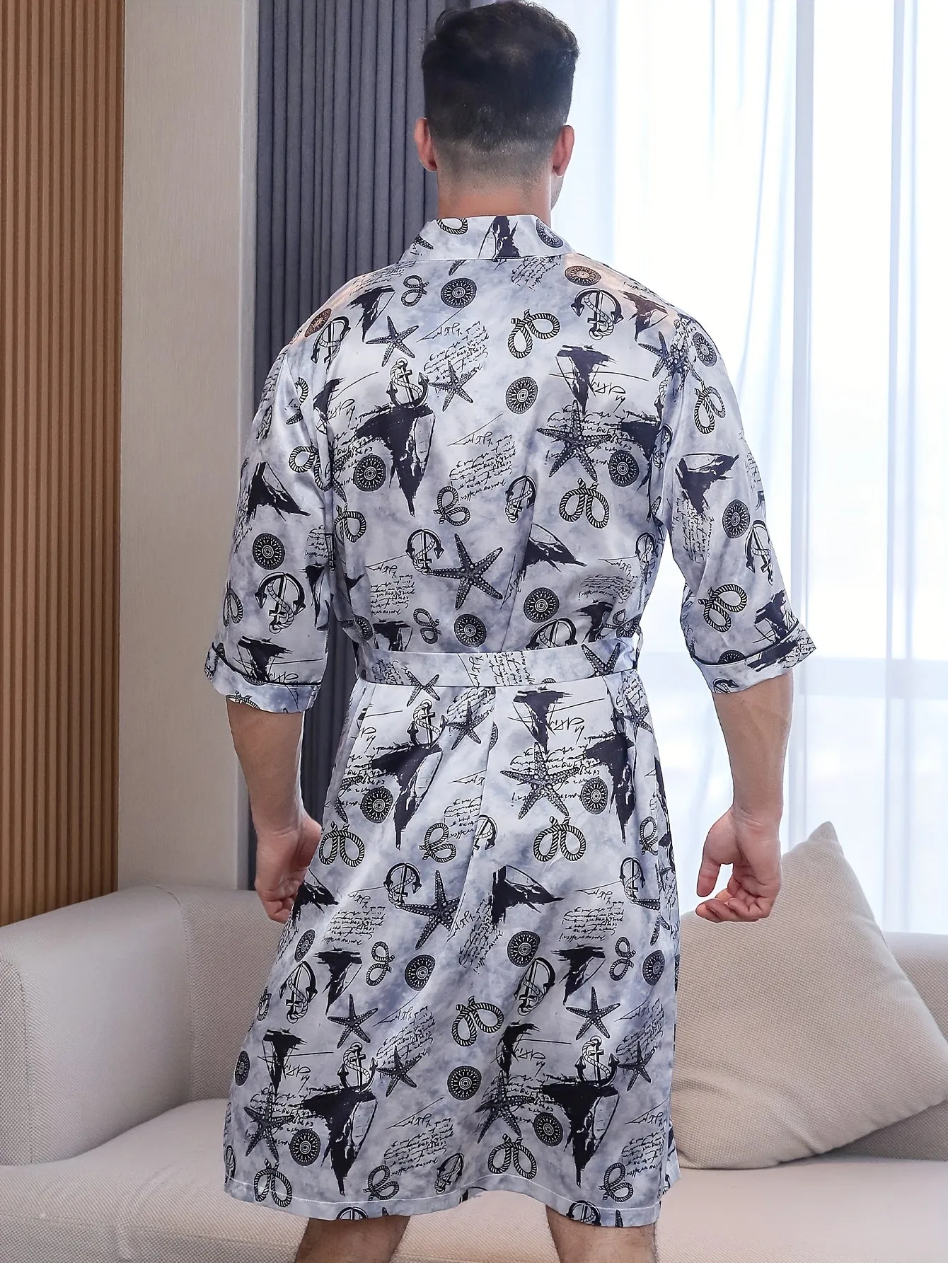 Stylish Star Print Sleep Robe - Soft Viscose Fabric, Relaxed Fit, Breathable, Comfortable, Casual Mens Nightgown for Summer - Essential Loungewear for Men