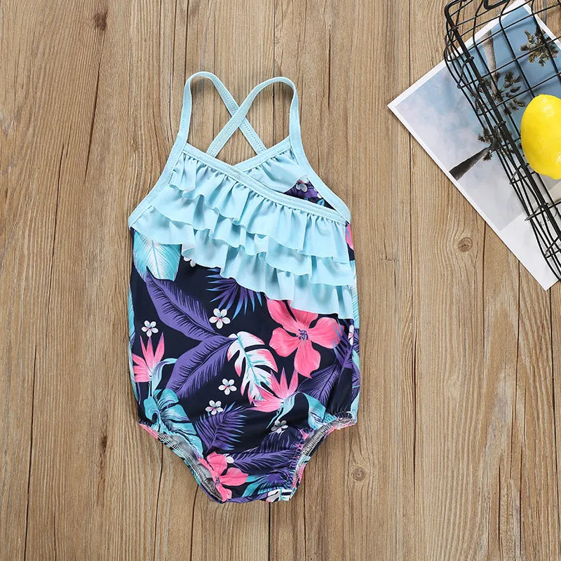 Swimsuit Girl's  Summer Floral Wooden Ear One-Piece Strap Backless Children's Swimwear