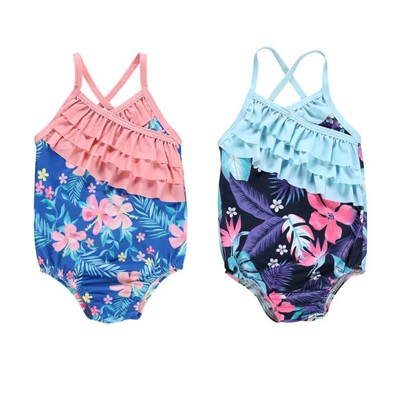 Swimsuit Girl's  Summer Floral Wooden Ear One-Piece Strap Backless Children's Swimwear