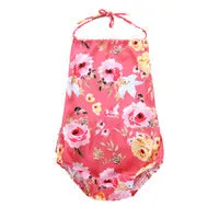 Swimsuit Girl's  Summer Floral Wooden Ear One-Piece Strap Backless Children's Swimwear