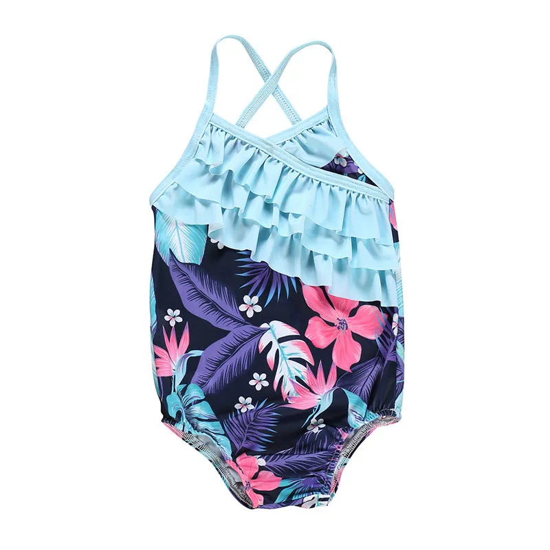 Swimsuit Girl's  Summer Floral Wooden Ear One-Piece Strap Backless Children's Swimwear