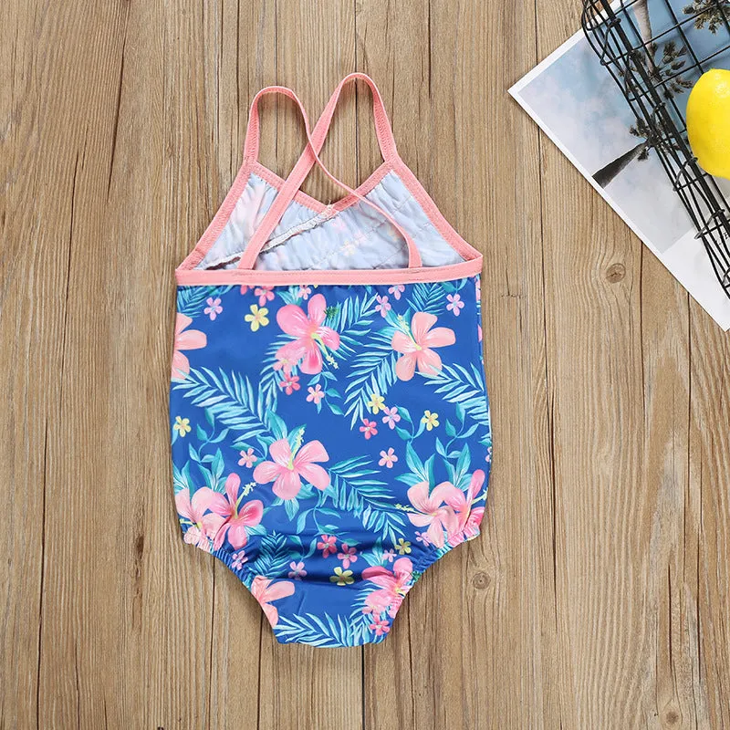 Swimsuit Girl's  Summer Floral Wooden Ear One-Piece Strap Backless Children's Swimwear