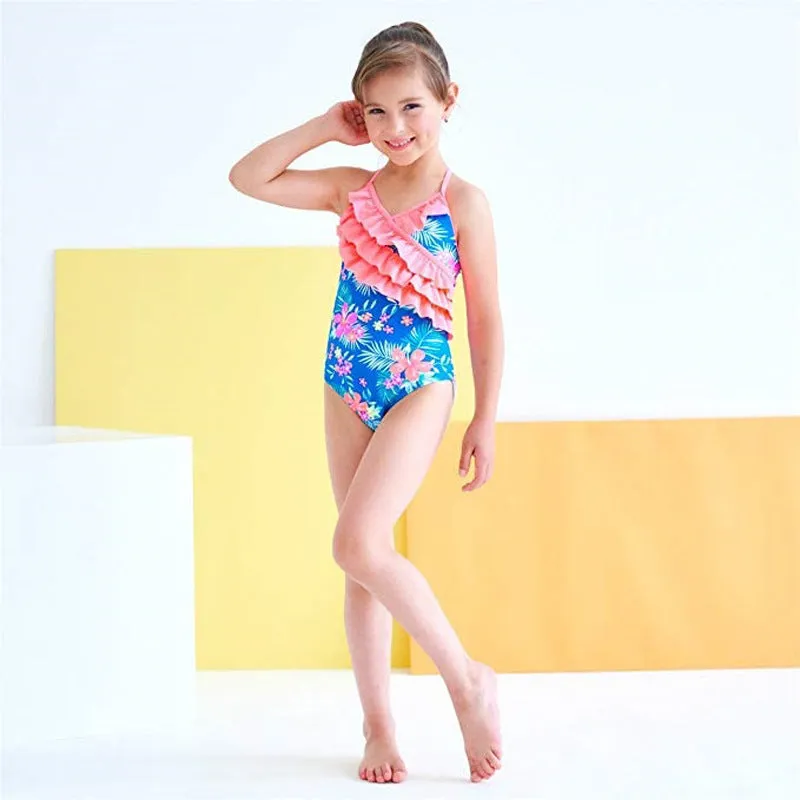 Swimsuit Girl's  Summer Floral Wooden Ear One-Piece Strap Backless Children's Swimwear