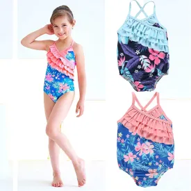 Swimsuit Girl's  Summer Floral Wooden Ear One-Piece Strap Backless Children's Swimwear