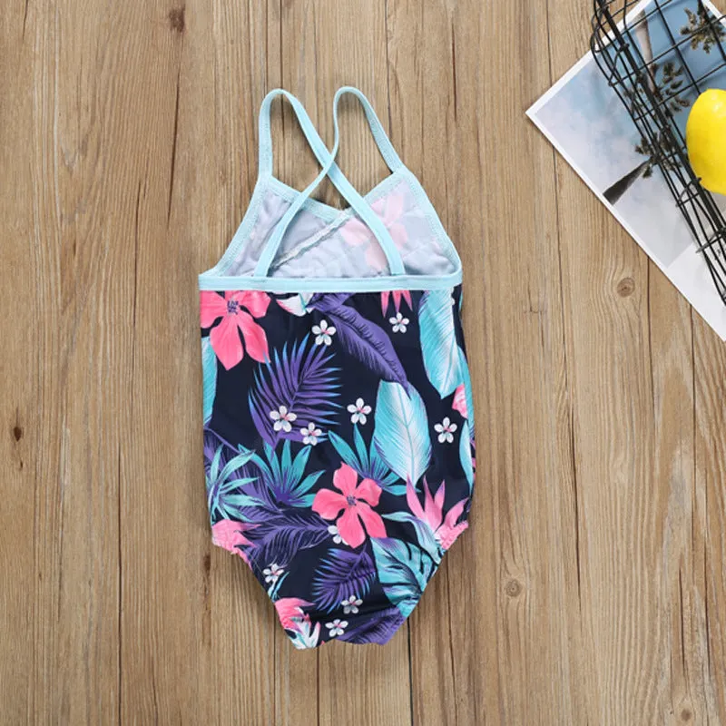 Swimsuit Girl's  Summer Floral Wooden Ear One-Piece Strap Backless Children's Swimwear