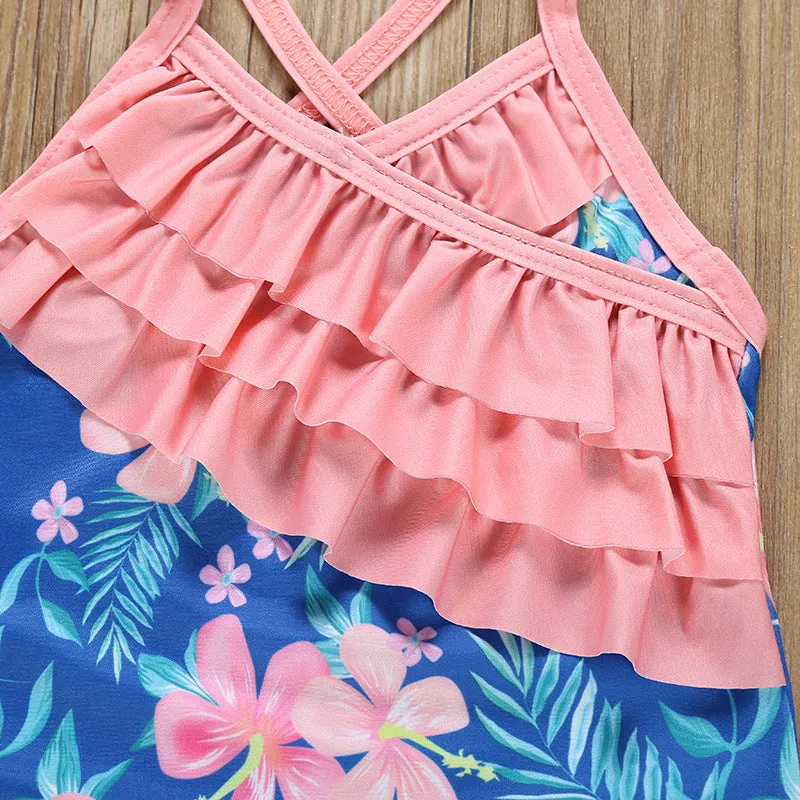 Swimsuit Girl's  Summer Floral Wooden Ear One-Piece Strap Backless Children's Swimwear