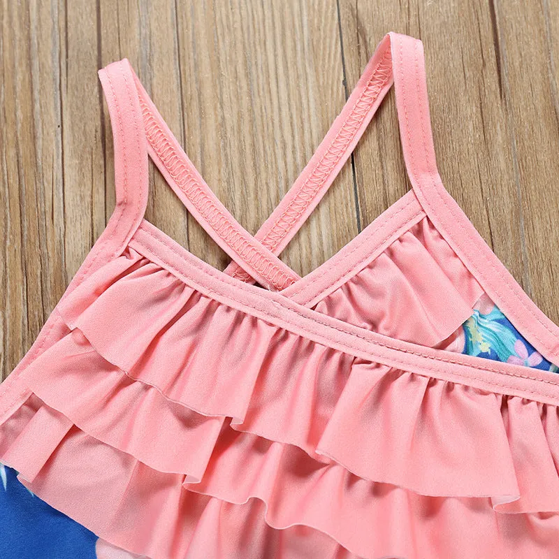 Swimsuit Girl's  Summer Floral Wooden Ear One-Piece Strap Backless Children's Swimwear