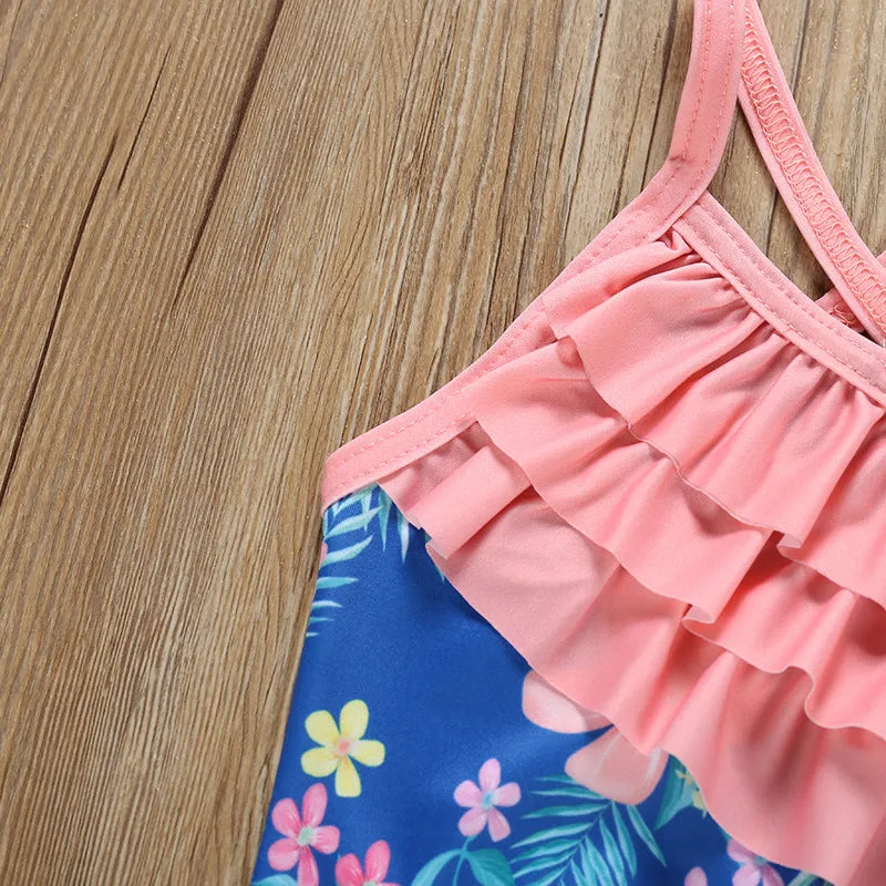 Swimsuit Girl's  Summer Floral Wooden Ear One-Piece Strap Backless Children's Swimwear