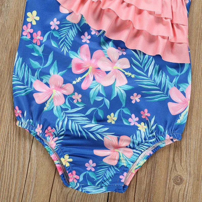 Swimsuit Girl's  Summer Floral Wooden Ear One-Piece Strap Backless Children's Swimwear