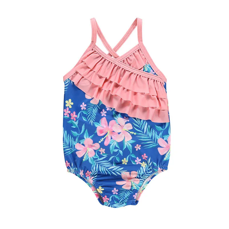 Swimsuit Girl's  Summer Floral Wooden Ear One-Piece Strap Backless Children's Swimwear