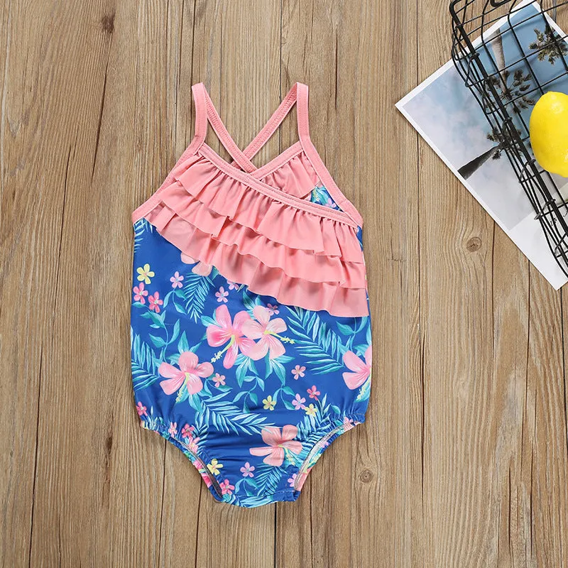 Swimsuit Girl's  Summer Floral Wooden Ear One-Piece Strap Backless Children's Swimwear