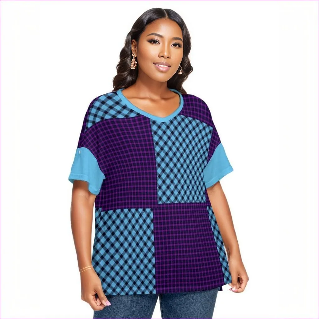 Tartan Women's Drop-shoulder Short Sleeve T-shirt With Sleeve Loops Voluptuous ( ) Plus Size