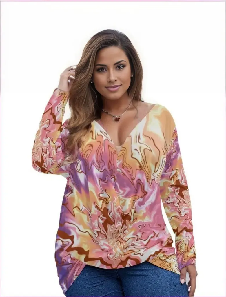 Tie-Dye Women's V-neck Plus Draped Longline Top With Long Sleeve Voluptuous ( ) Plus Size