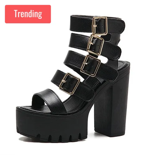 Trendy Gladiator Platform Buckle Heels