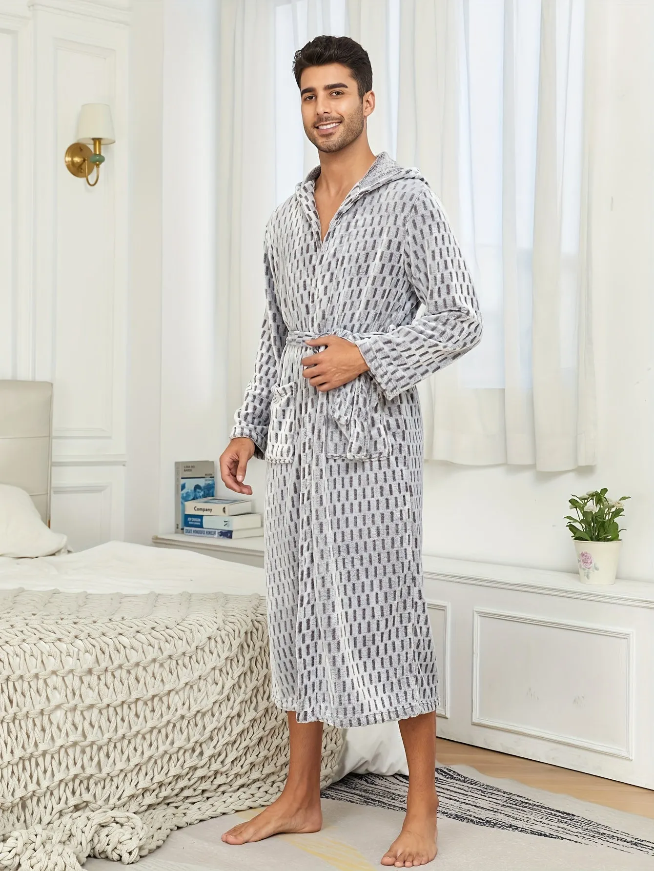 Winter Flannel Robe - Ultra-Warm and Cozy Extra-Long Hooded Fleece with Two Spacious Pockets - Designed for Men, Perfect for Autumn and Winter, Unique Small Grid Print, Ideal Nightwear