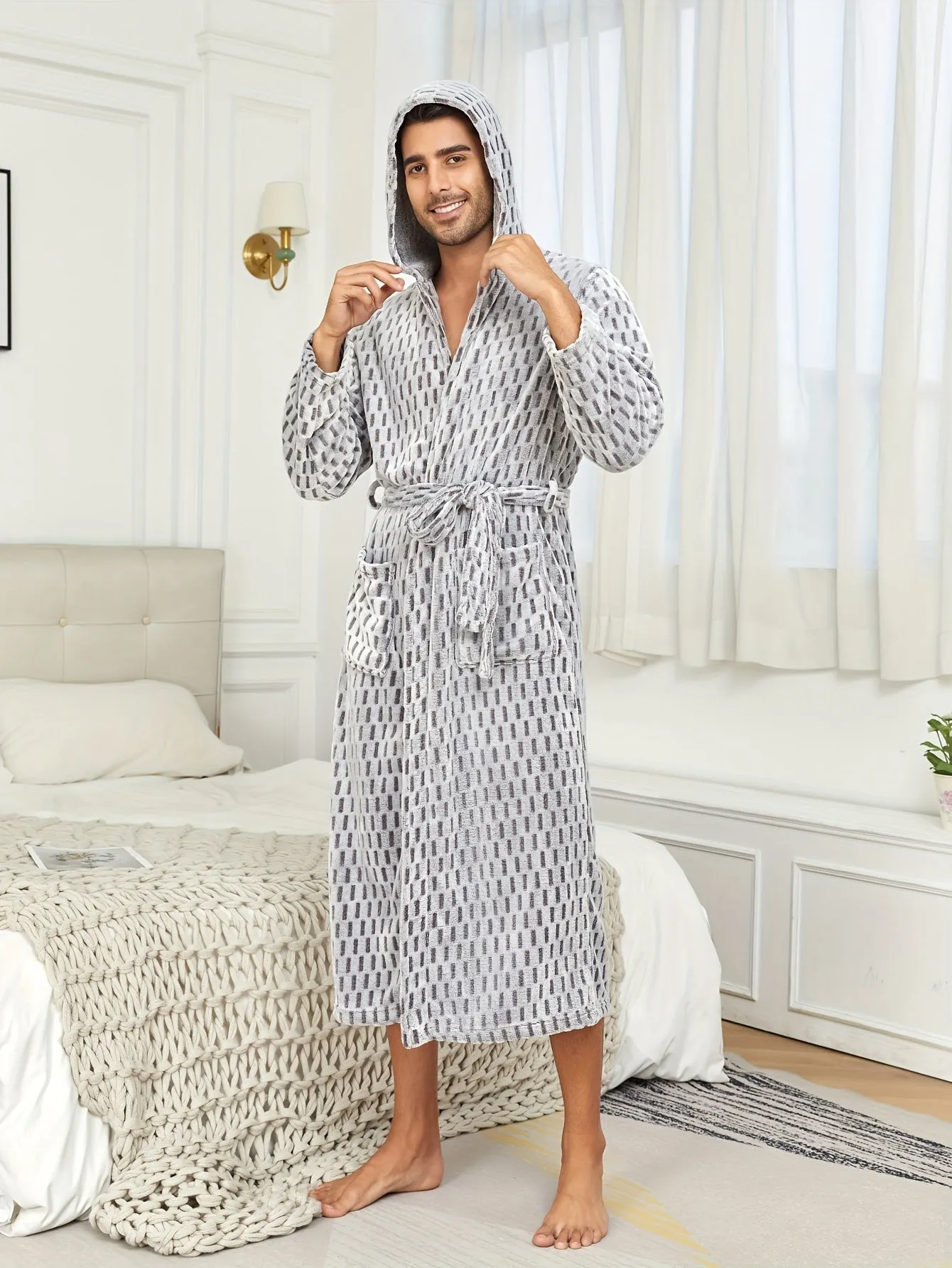 Winter Flannel Robe - Ultra-Warm and Cozy Extra-Long Hooded Fleece with Two Spacious Pockets - Designed for Men, Perfect for Autumn and Winter, Unique Small Grid Print, Ideal Nightwear