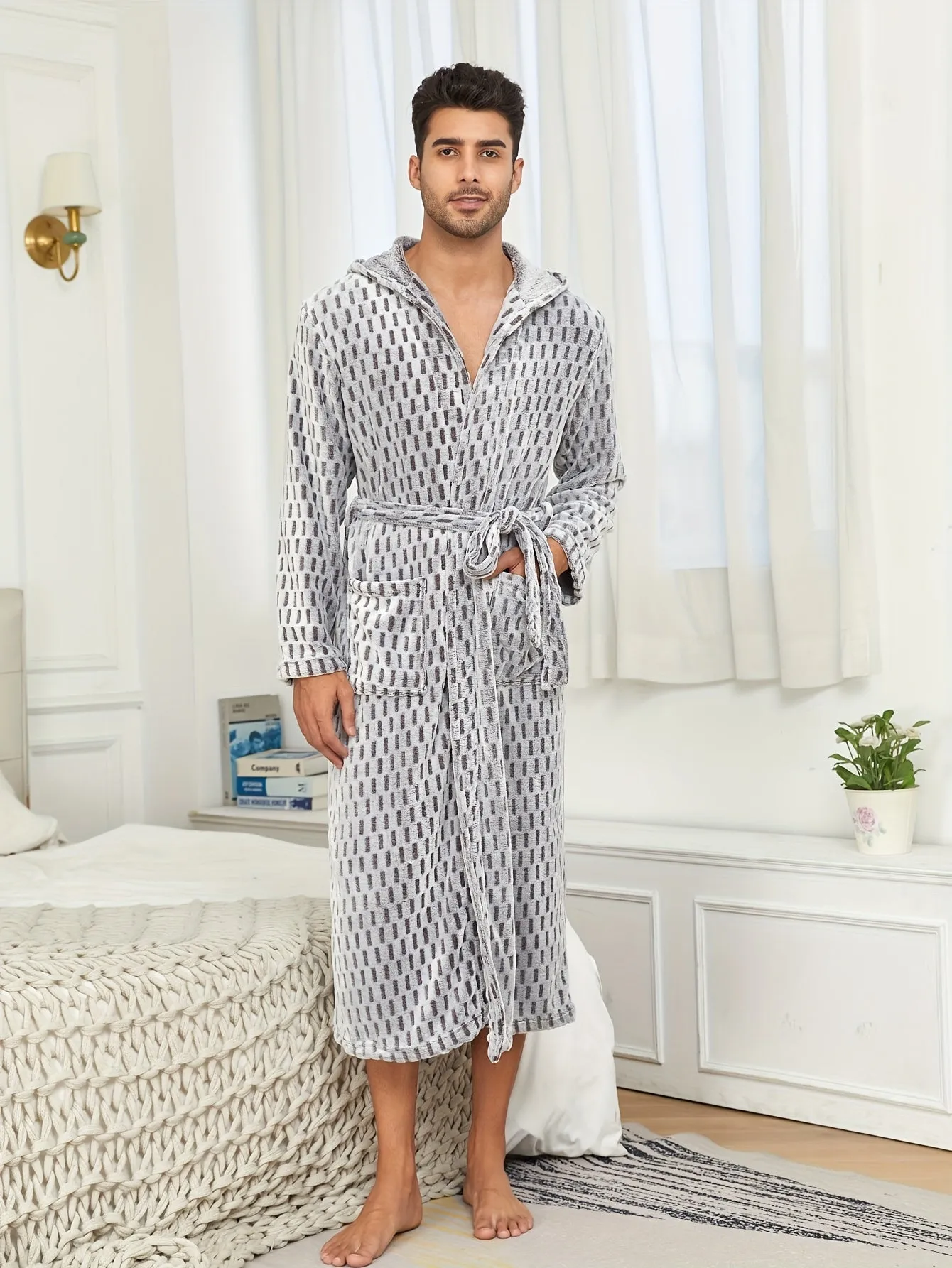 Winter Flannel Robe - Ultra-Warm and Cozy Extra-Long Hooded Fleece with Two Spacious Pockets - Designed for Men, Perfect for Autumn and Winter, Unique Small Grid Print, Ideal Nightwear