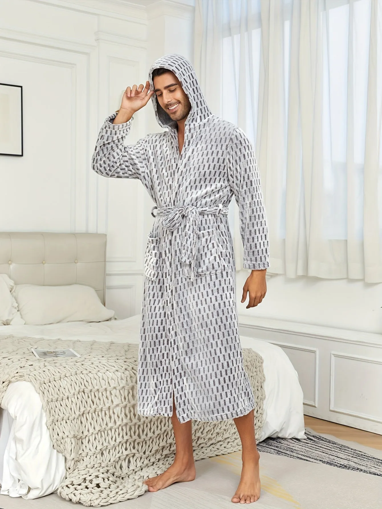 Winter Flannel Robe - Ultra-Warm and Cozy Extra-Long Hooded Fleece with Two Spacious Pockets - Designed for Men, Perfect for Autumn and Winter, Unique Small Grid Print, Ideal Nightwear