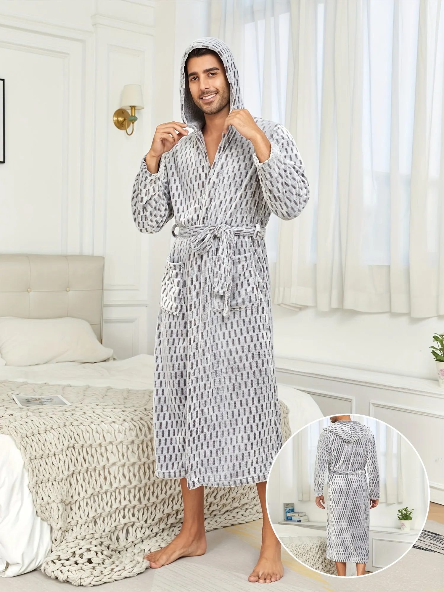 Winter Flannel Robe - Ultra-Warm and Cozy Extra-Long Hooded Fleece with Two Spacious Pockets - Designed for Men, Perfect for Autumn and Winter, Unique Small Grid Print, Ideal Nightwear