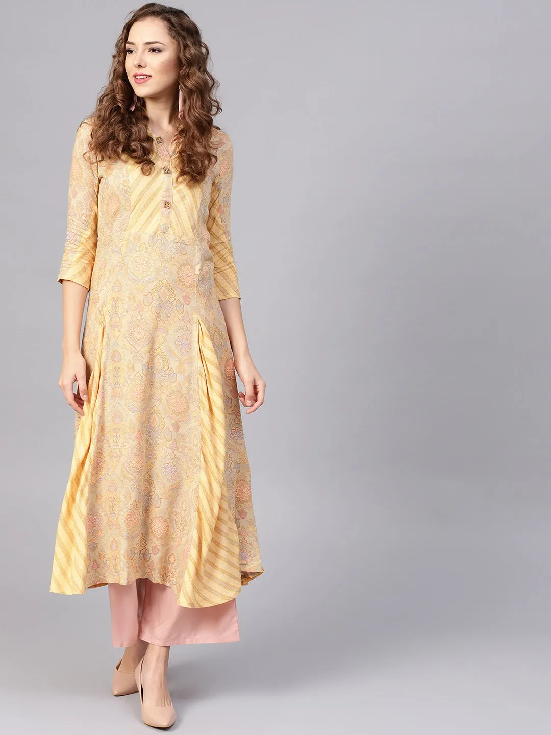 Women Beige & Yellow A-Line Kurta