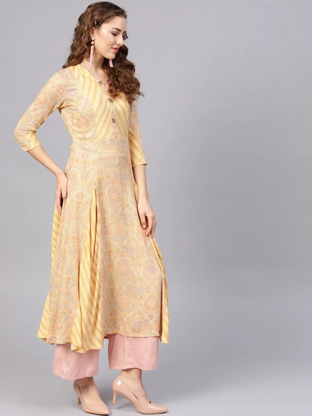 Women Beige & Yellow A-Line Kurta