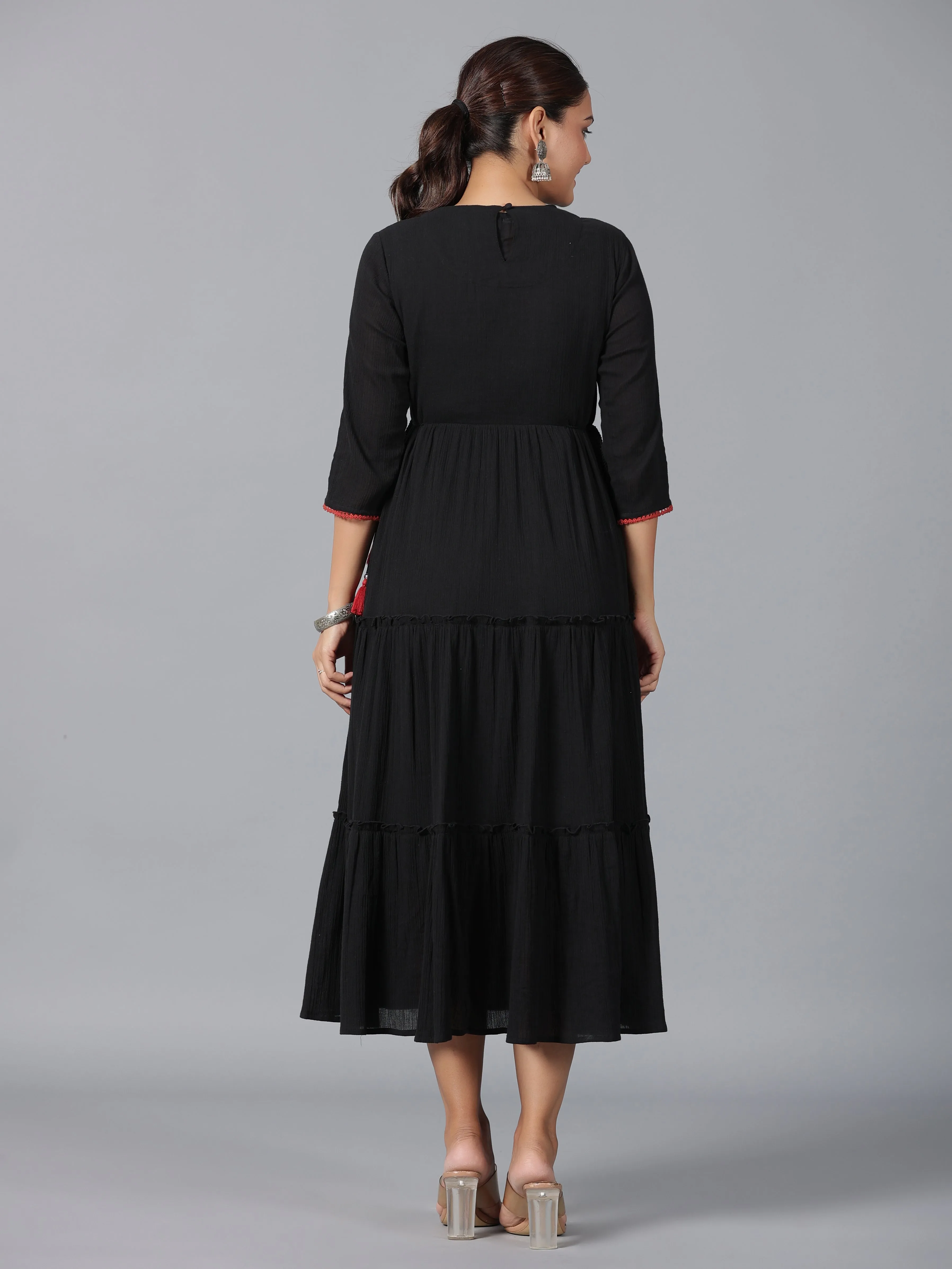 Women Black Cotton Crepe Embroidered Tiered Maxi Dress