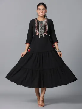 Women Black Cotton Crepe Embroidered Tiered Maxi Dress