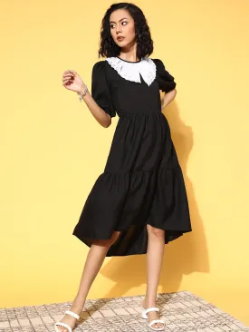 Women Black With White Big Schiffli Collar Tiered Dress