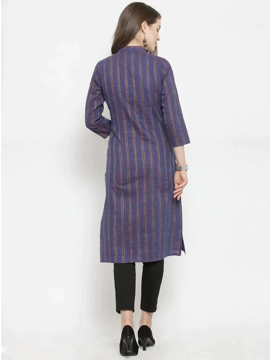 Women Blue Blue Striped Cotton-Blend Straight Kurta