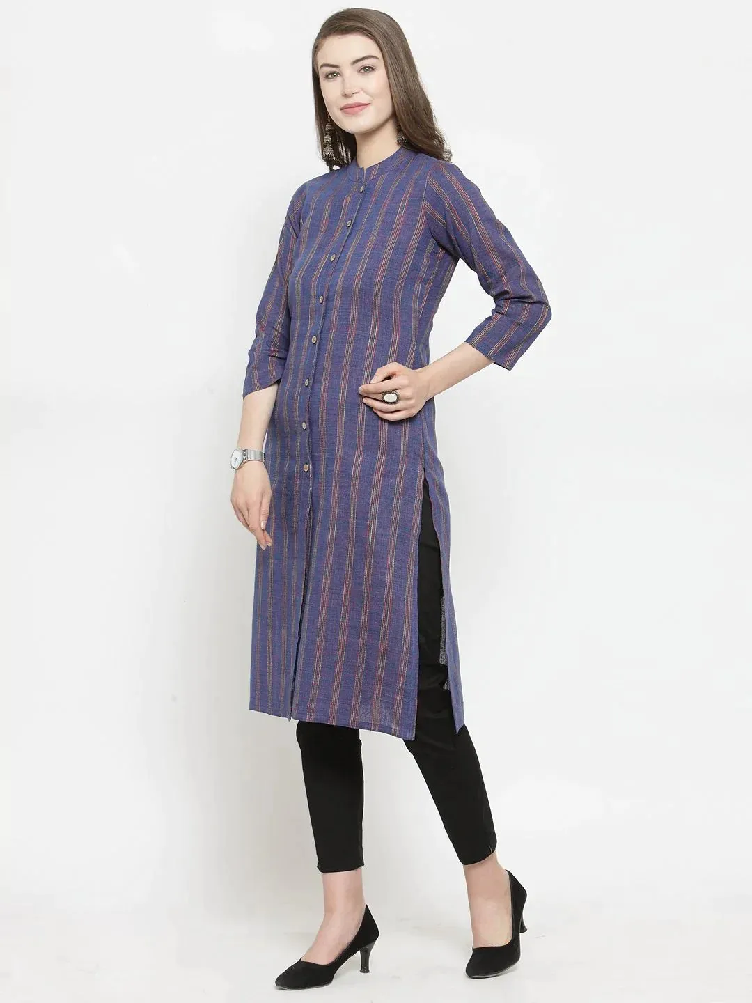 Women Blue Blue Striped Cotton-Blend Straight Kurta