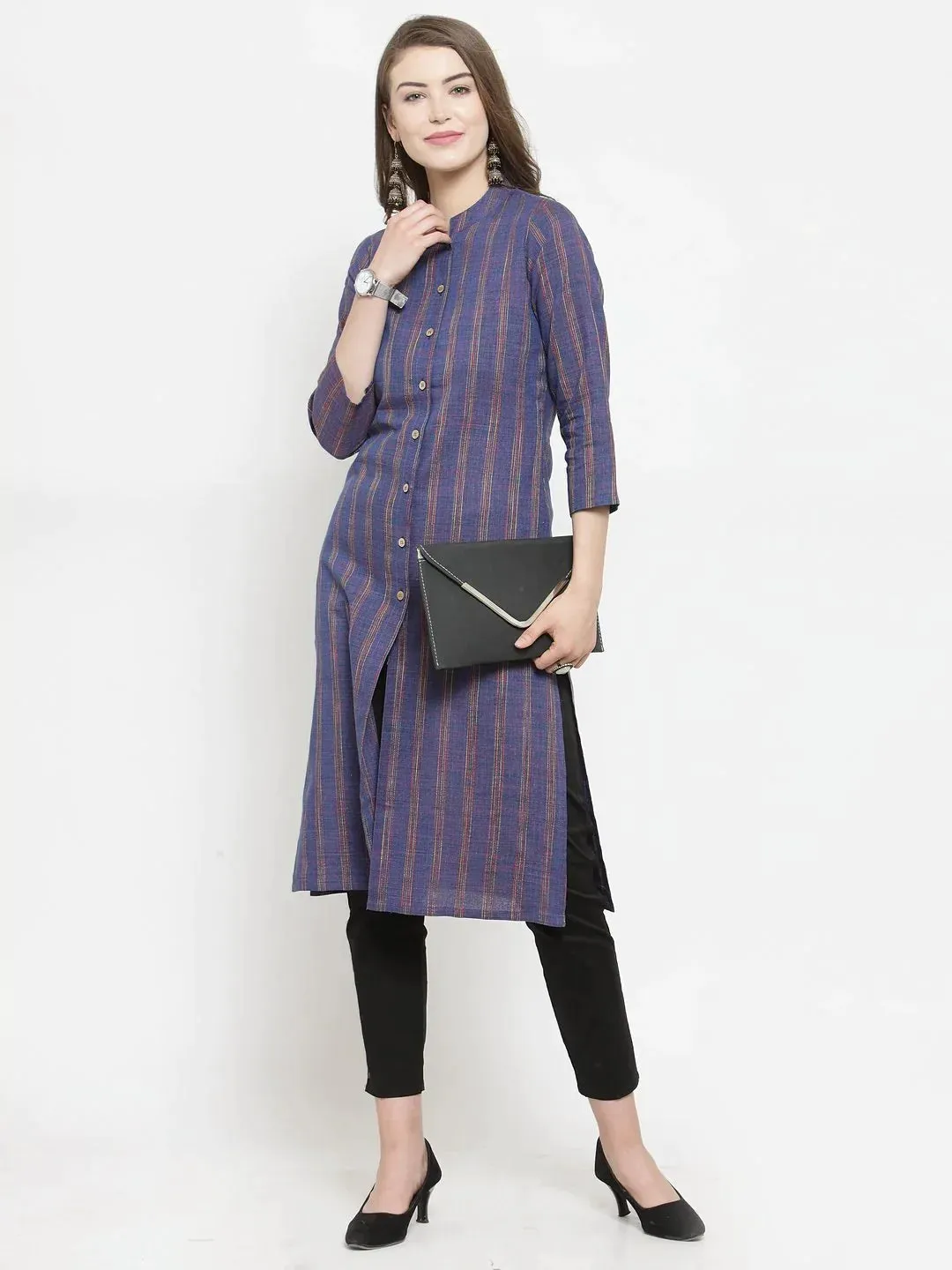 Women Blue Blue Striped Cotton-Blend Straight Kurta