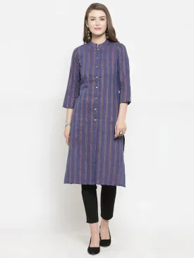 Women Blue Blue Striped Cotton-Blend Straight Kurta