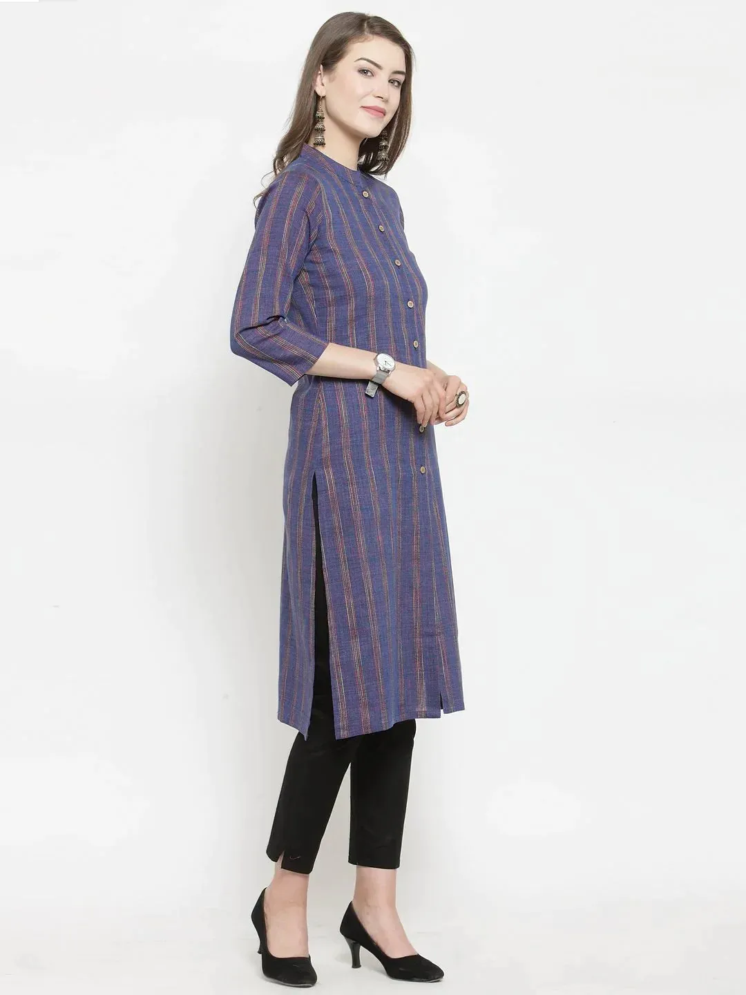 Women Blue Blue Striped Cotton-Blend Straight Kurta