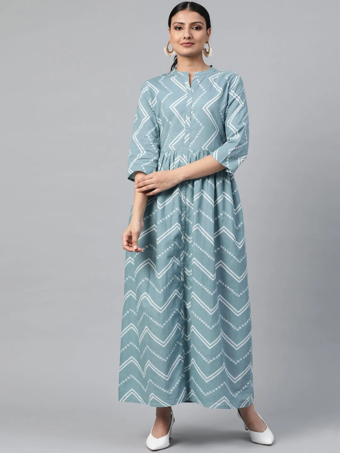 Women Blue Geometric Printed Mandarin Collar Cotton A-Line Dress