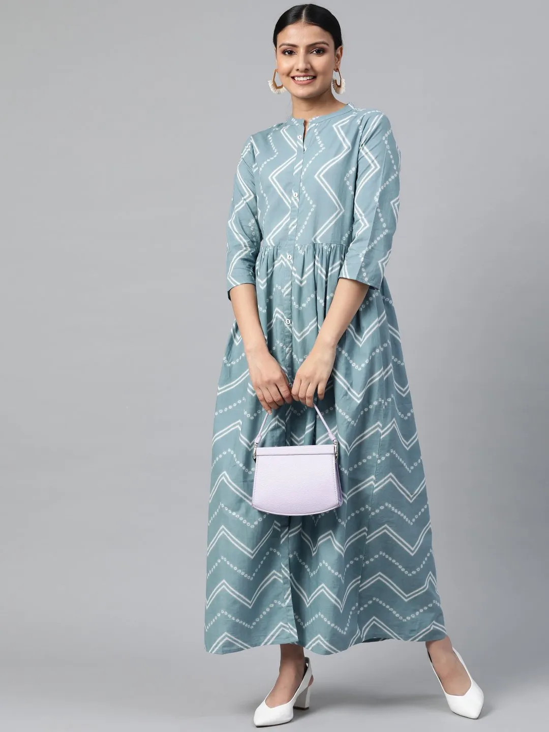 Women Blue Geometric Printed Mandarin Collar Cotton A-Line Dress