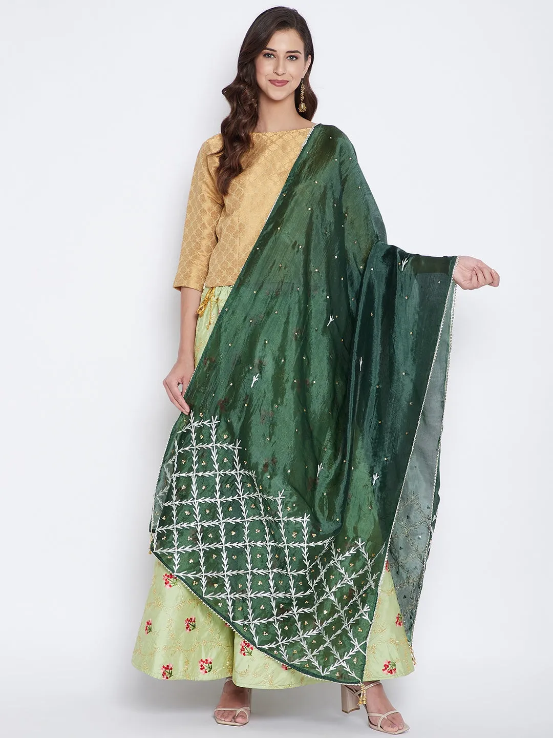 Women Bottle Green Embellished Dupatta