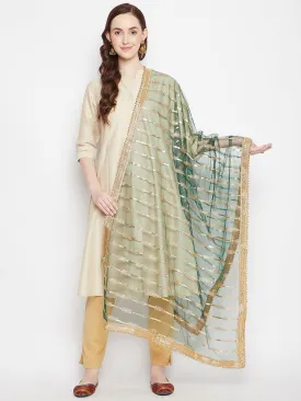 Women Bottle Green Embellished Net Dupatta