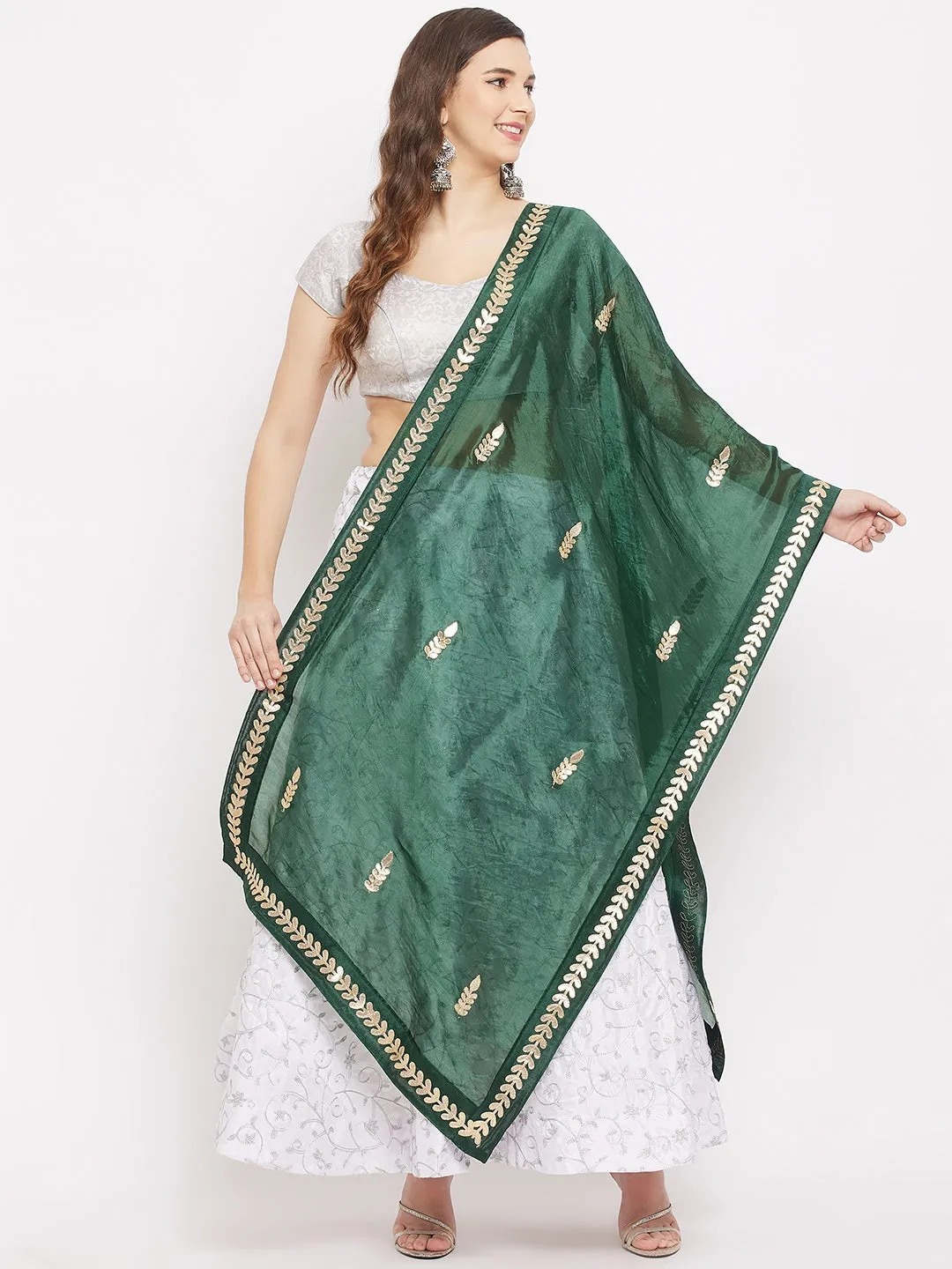 Women Bottle Green Gotta Patti Silk Dupatta