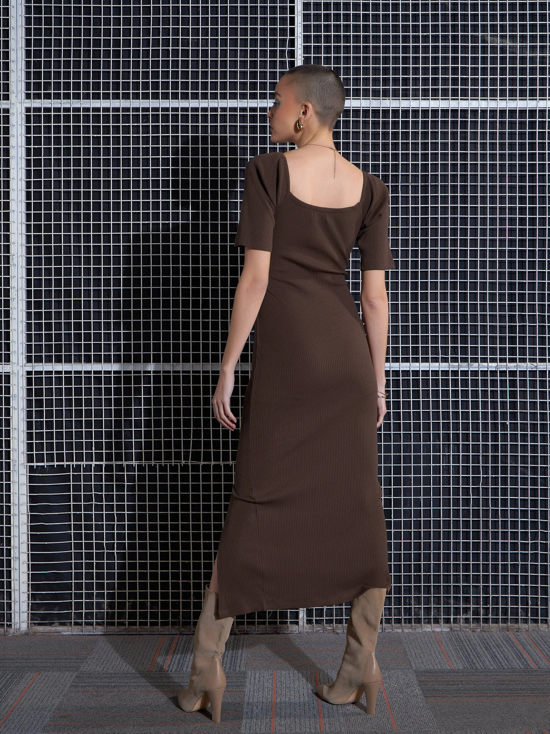 Women Brown Side Slit V-Neck Rib Midi Dress