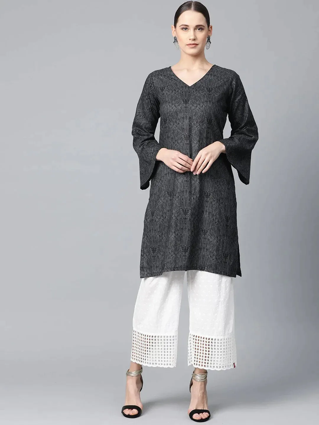 Women Charcoal Grey & Black Printed Straight Kurta