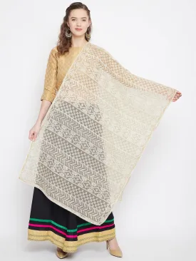 Women Cream Embroidered Cotton Blend Dupatta