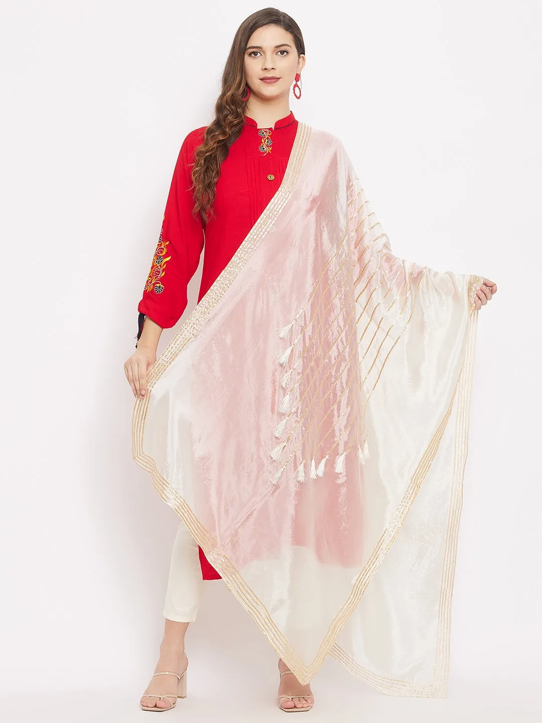 Women Cream Gotta Patti With Tassels Work Silk Dupatta