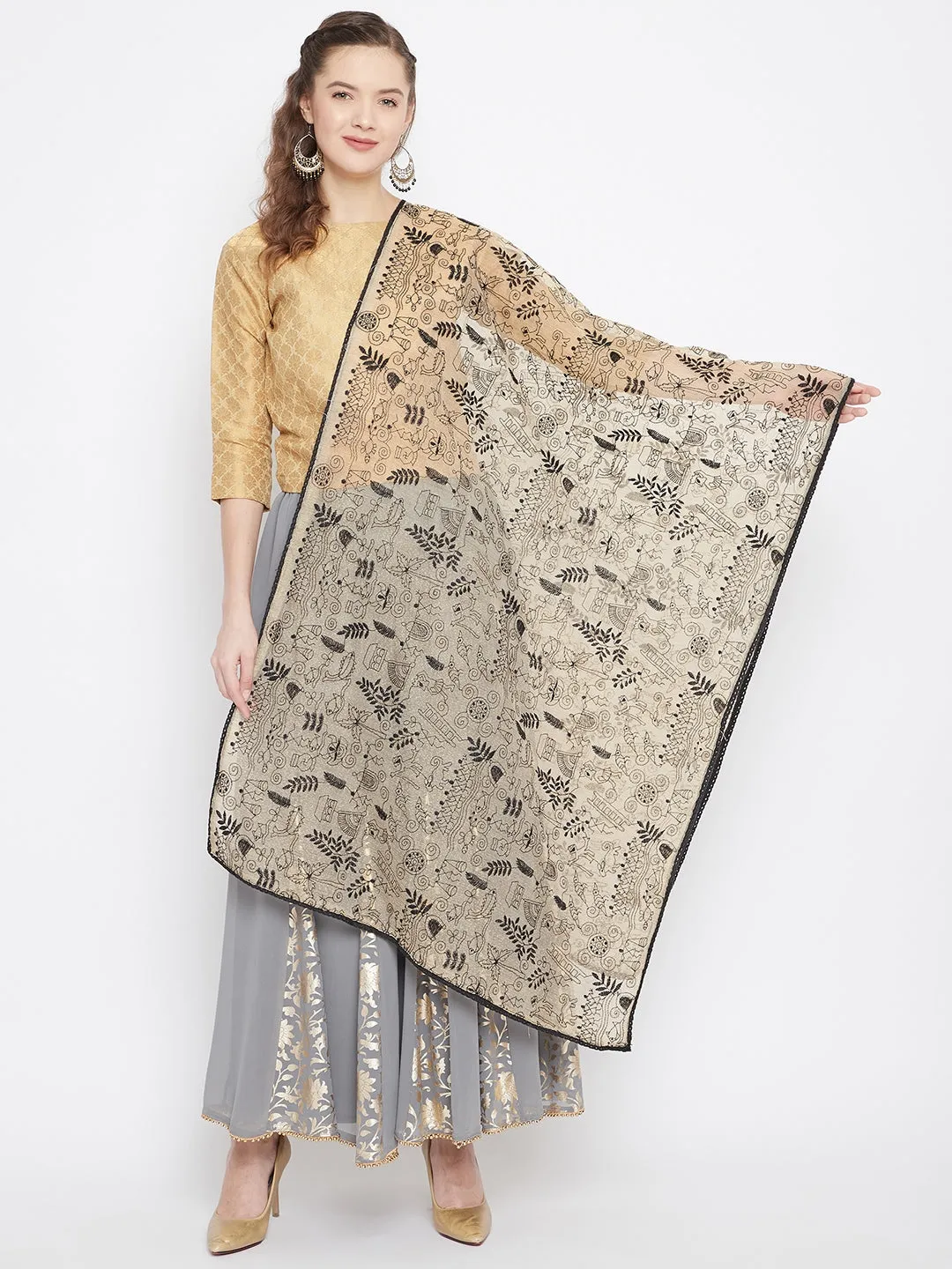 Women Fawn & Black Embroidered Cotton Blend Dupatta