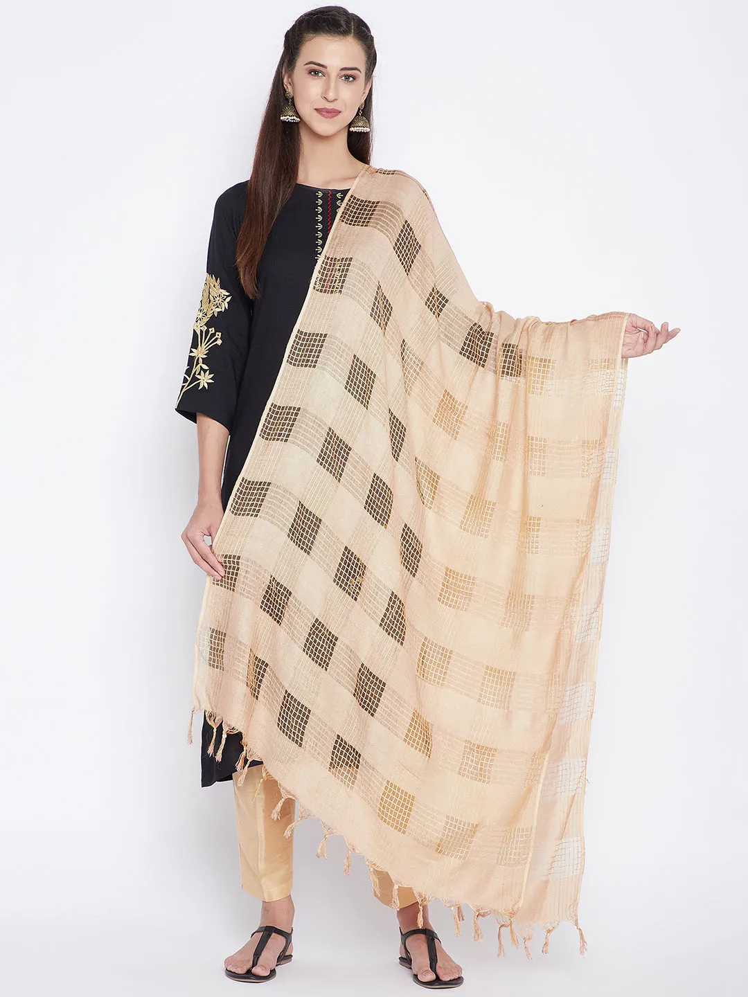 Women Fawn Check Solid Dupatta