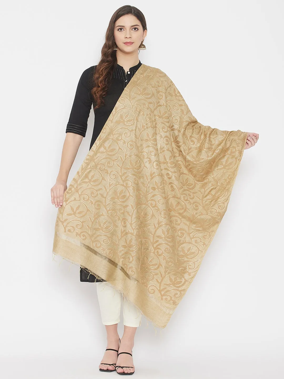 Women Fawn Embroidered Silk Dupatta