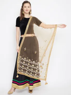 Women Golden Flower Embellished Net Dupatta