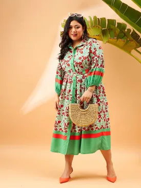 Women Green Floral Belted Midi Shirt Dress