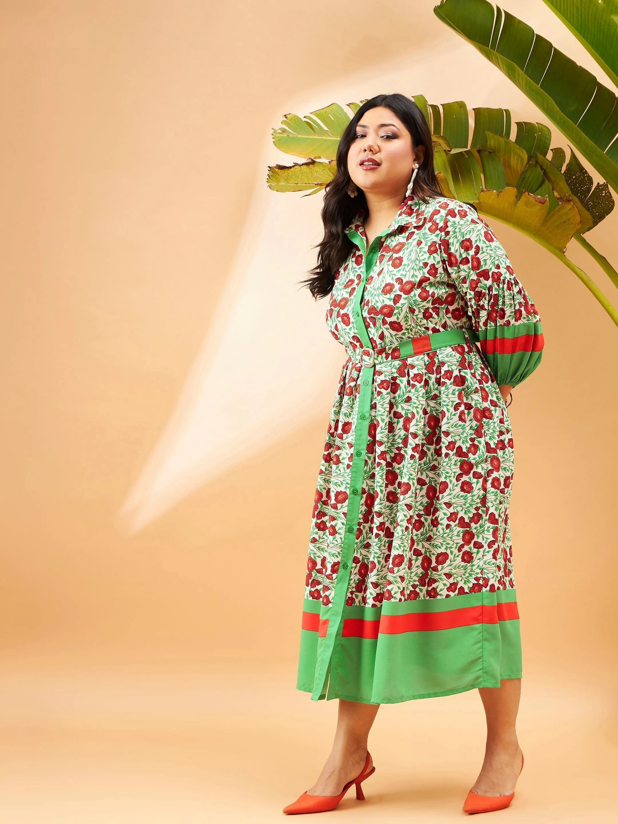 Women Green Floral Belted Midi Shirt Dress