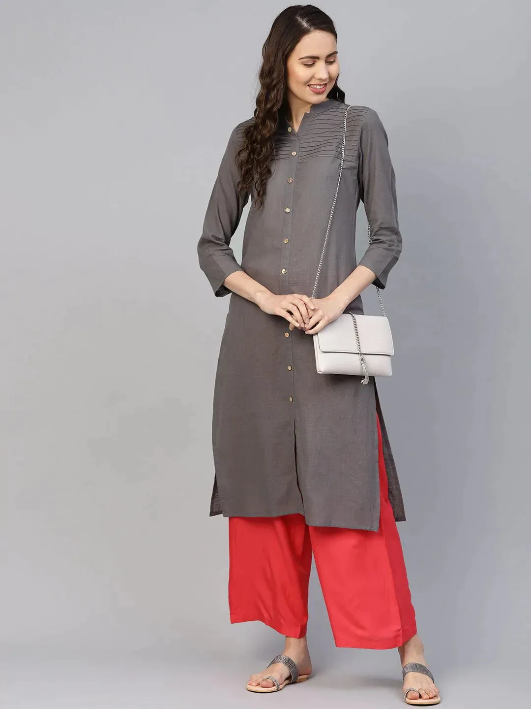 Women Grey Cotton Straight Kurta With Pintucks