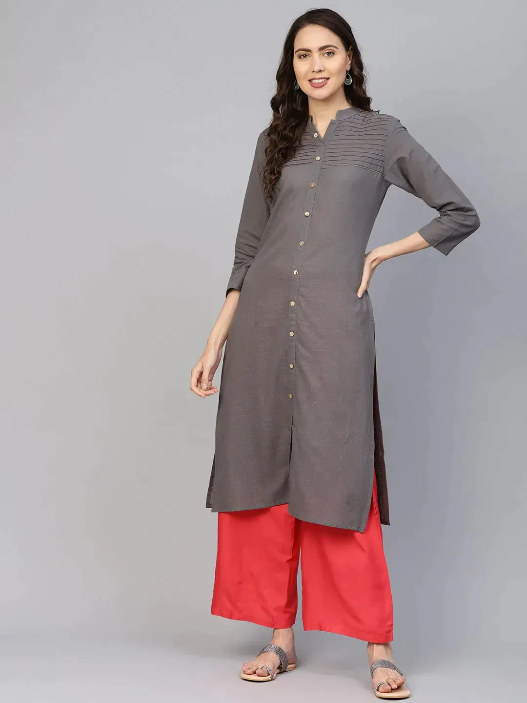 Women Grey Cotton Straight Kurta With Pintucks